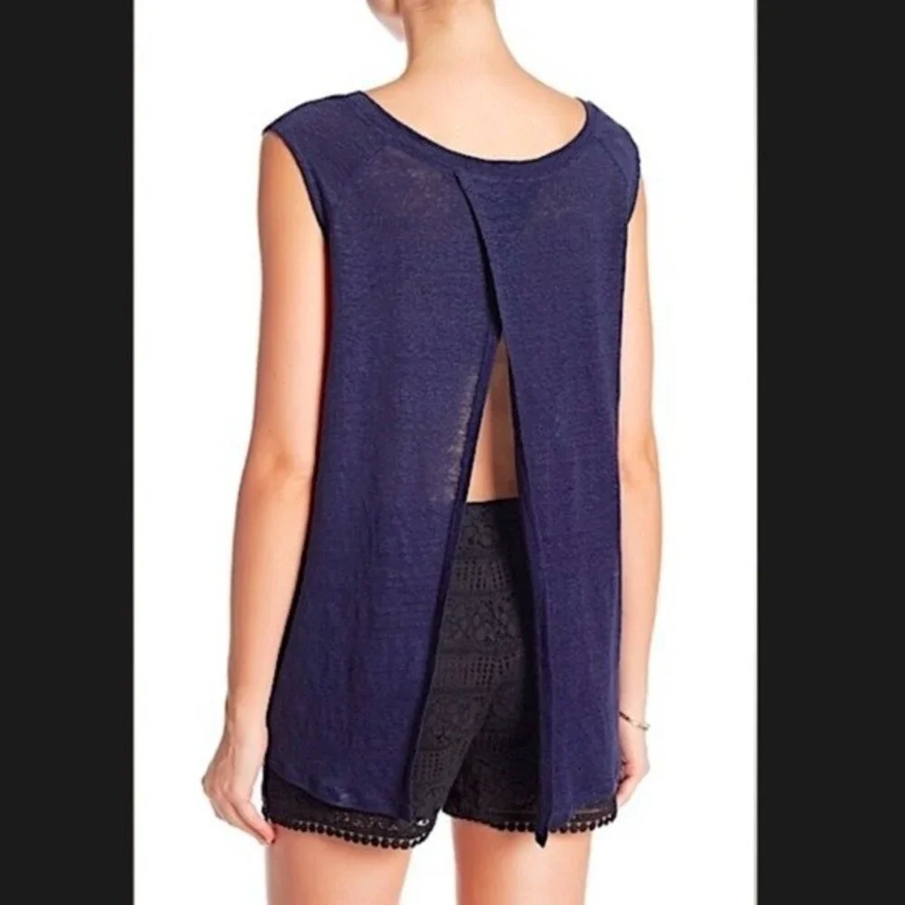 Cupcakes & Cashmere Linen Navy Open Back Tank